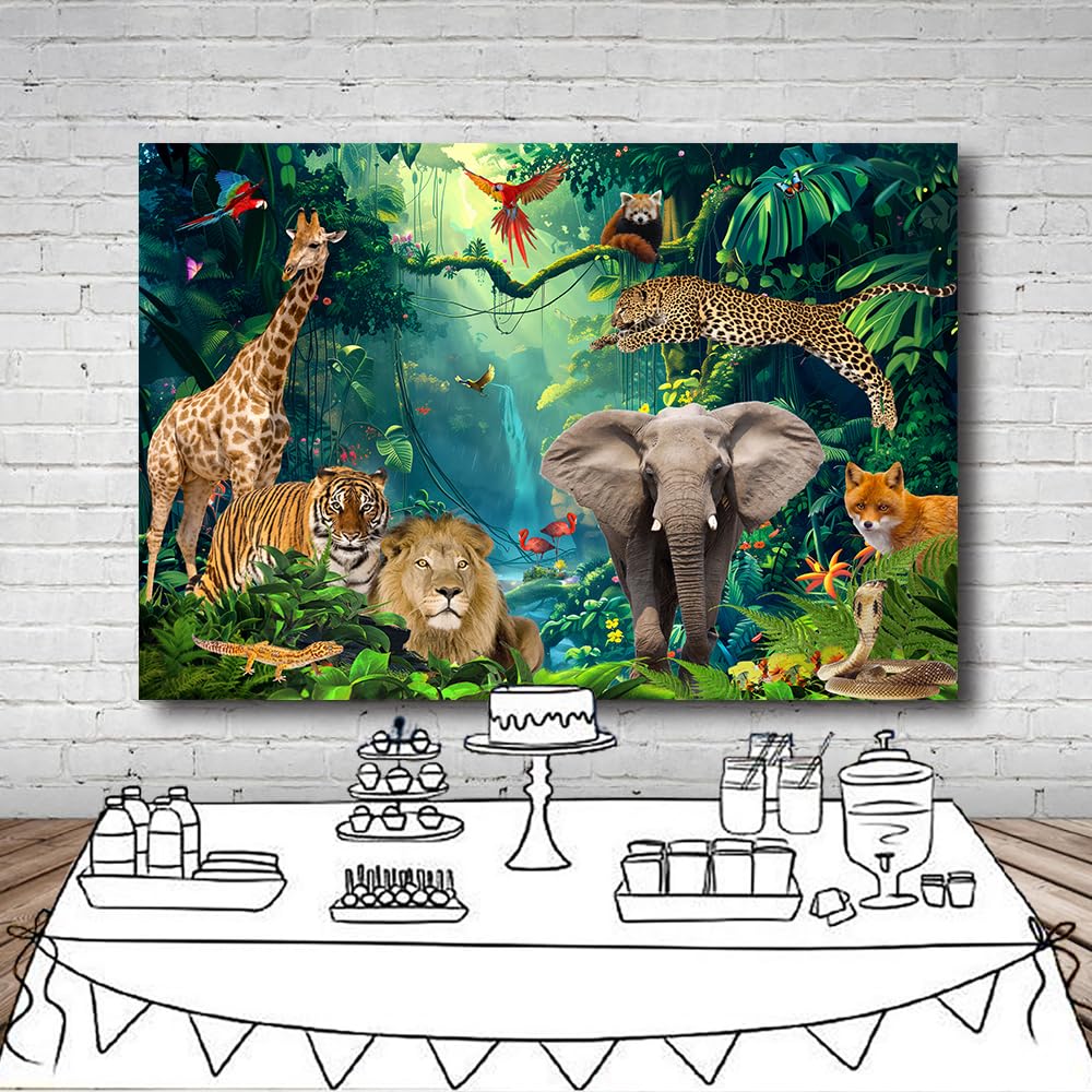 Fotohintergrund Dschungel-Safari-Tiere – 300x210 Cm, Polyester, Mit 4 Ösen & Schnur, Für Mottopartys, Babyshower, Dekoration