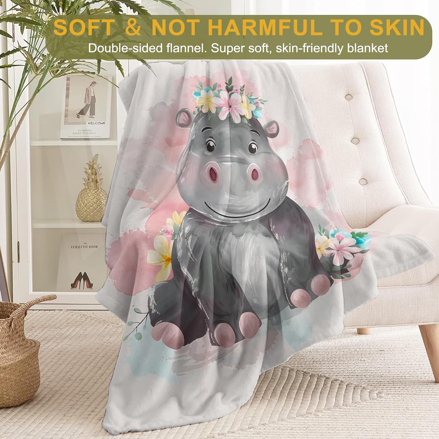 Cute Hippo Flannel Blanket - Adorable Cartoon Animal with Pastel Pink Color Throw - Lightweight Soft Cozy Gifts Blankets for Kids Adult,Modern Decor,Home Room Accent 50x60in