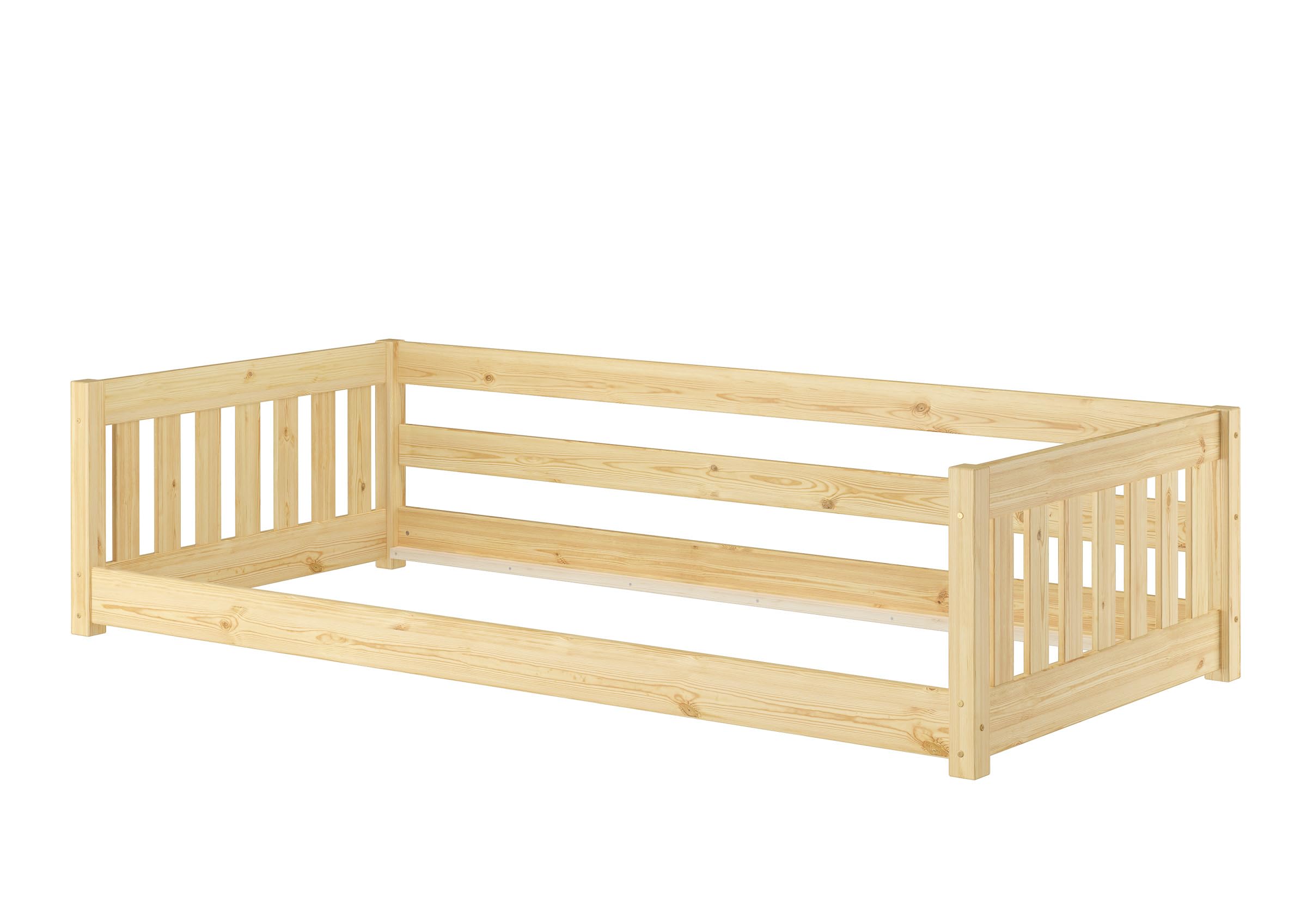 Erst-Holz®Niederflurbett für Kinder mit Sicherung 90 x 200 cm Kiefer massivRollrost inkl.