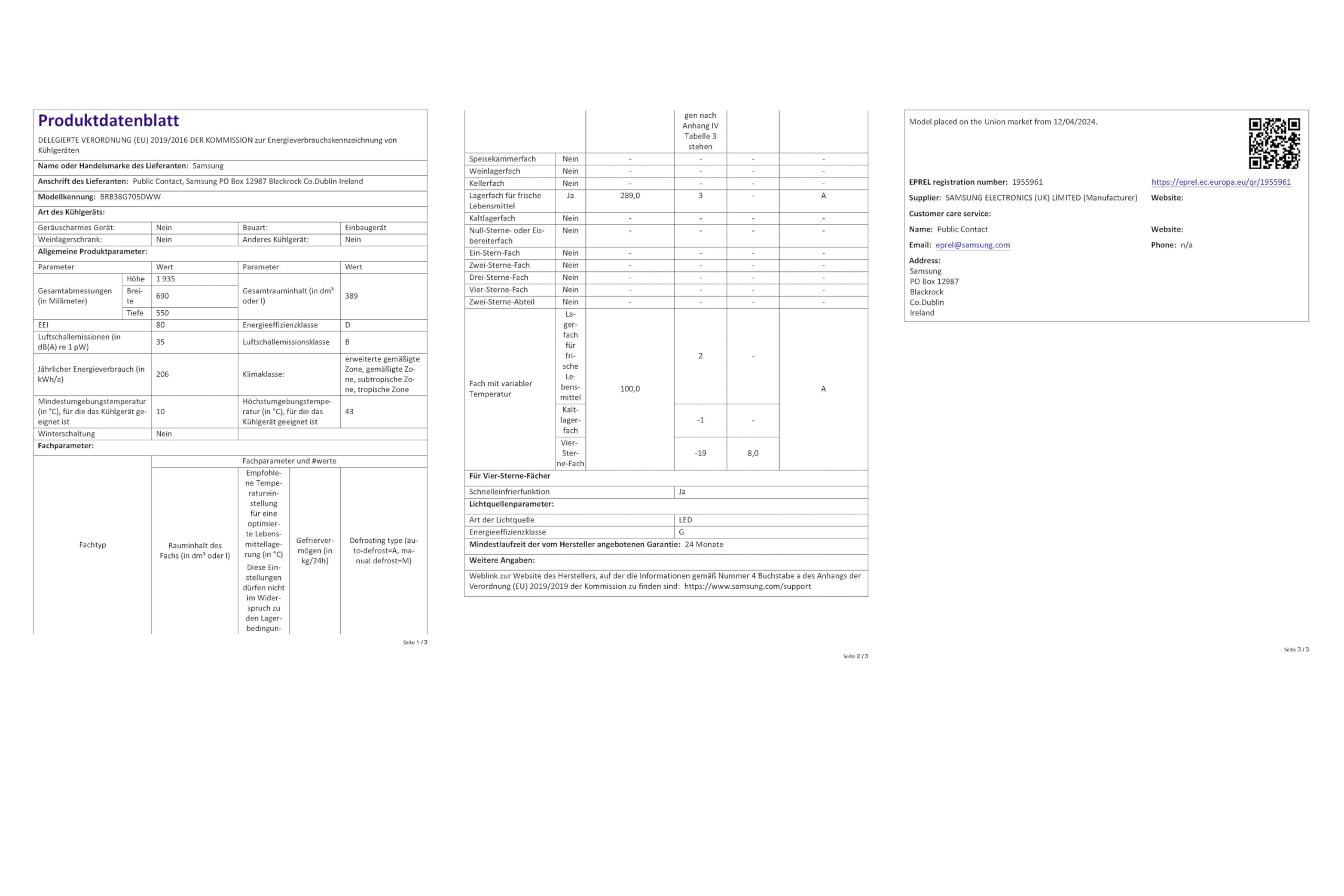 Samsung BRB38G705DWWEF Einbau-Kühl-Gefrierkombination, Kühlschrank mit Gefrierfach, 194 cm, 389 l, No Frost+, AI Energy Mode, Optimal Fresh+, Weiß