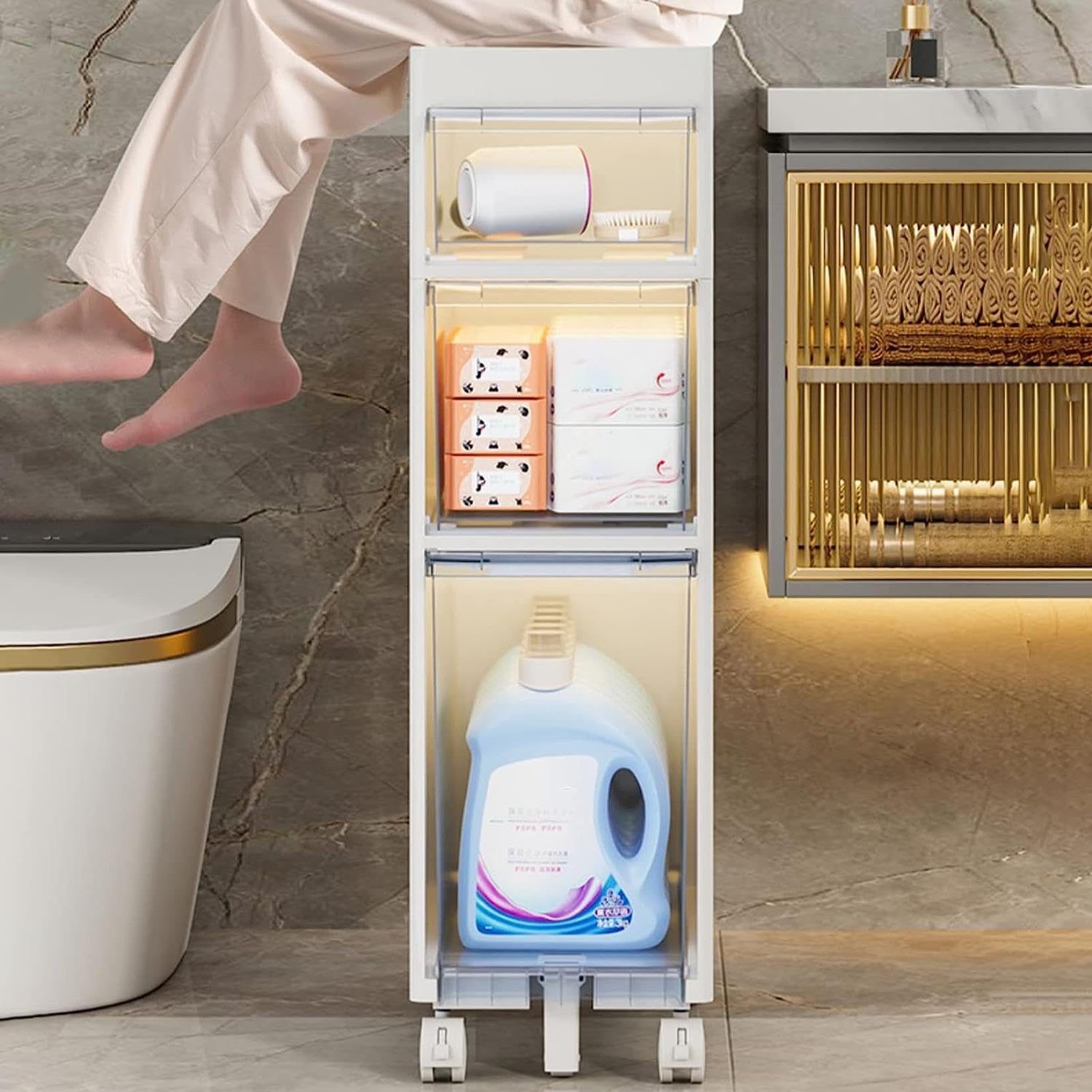 Cajones de almacenamiento apilables Gabinete de almacenamiento de baño pequeño de 9'' de ancho, gabinete de piso de baño Estrecho de 4 niveles de Gran capacidad con Cajon