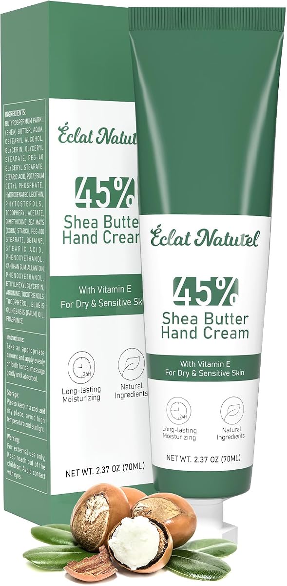 Shea Butter Hand Cream, Natural Ingredients with Vitamin E and 45% Shea Butter Hand Lotion, Deep Moisturizing Cream for Dry Hands, Long-Last Hydrating Hand Moisturizer, 2.37 Fl Oz