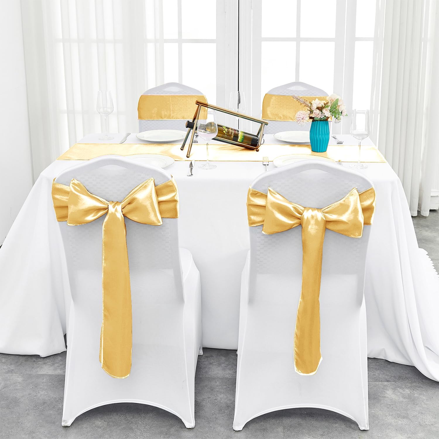 10-Pack Gold Satin Table Runner 12 x 108 Inch Long Fuchsia Bright and Smooth Silk Fabric Table Runner for Wedding Banquet Birthday Party Decoration