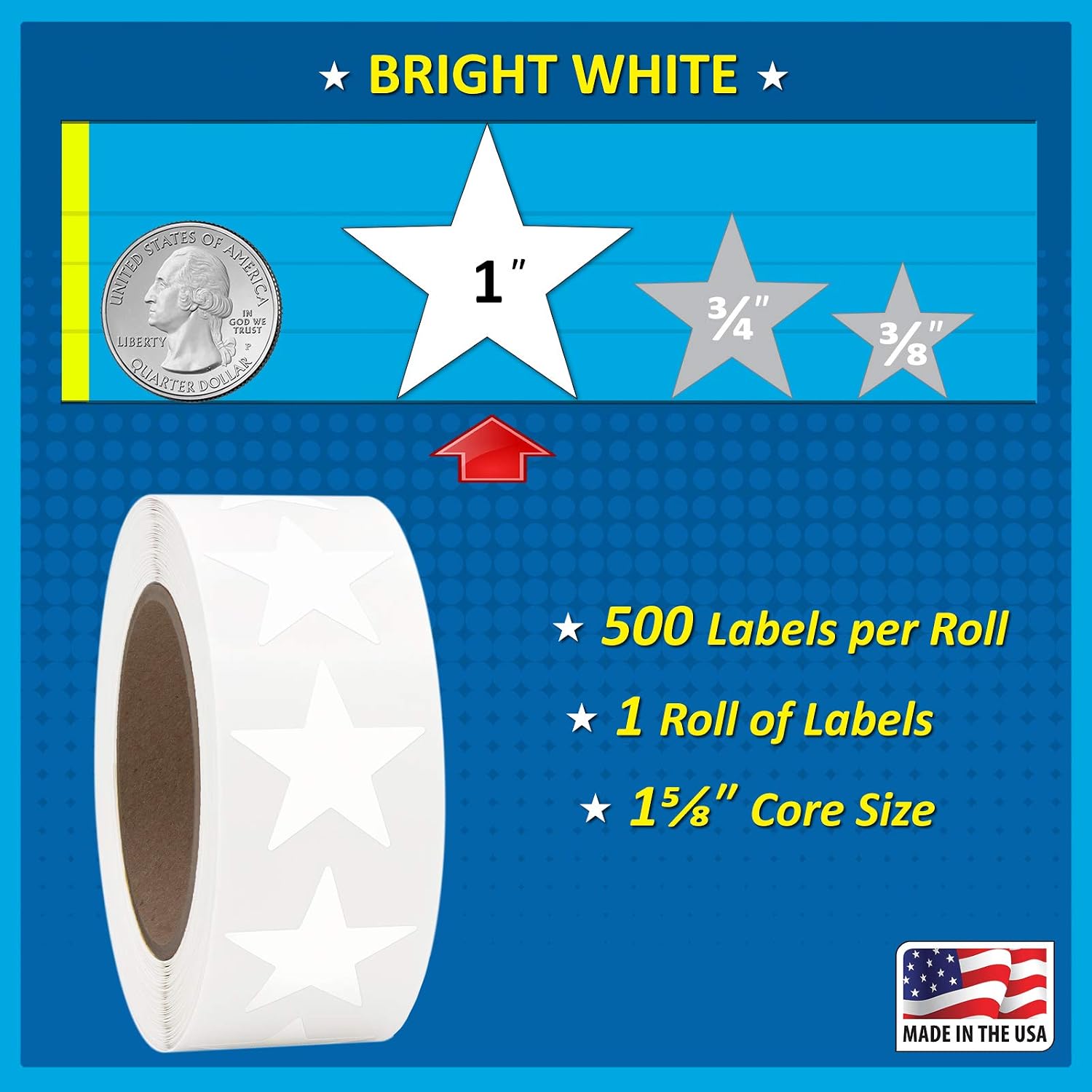 1" Bright White Star Shape Sticker Labels, 500 Labels per Roll, 1 Roll, 1 Inch