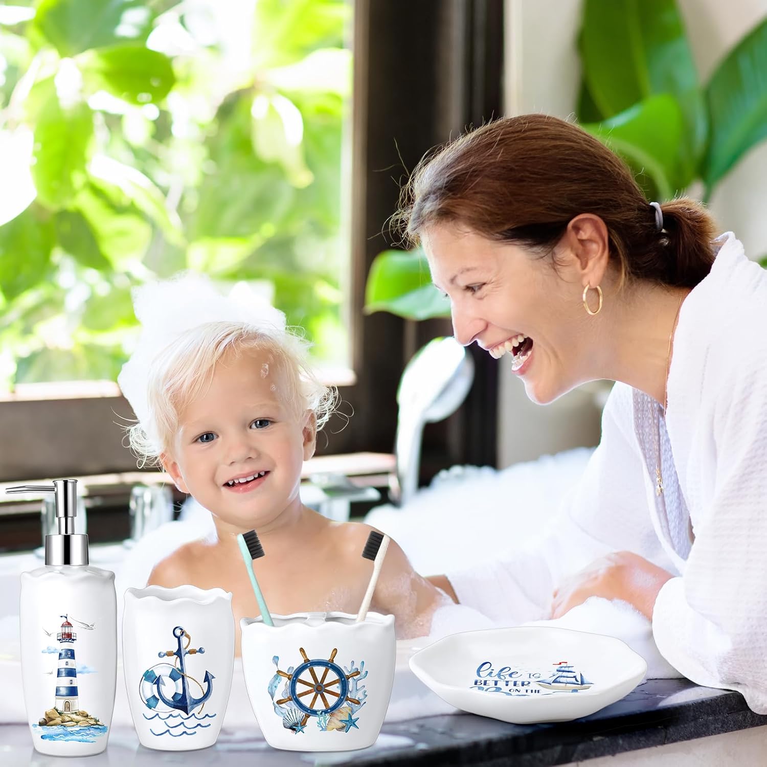 Nautical Bathroom Accessories Set of 4, Coastal Lighthouse Compass Anchor Sailboat Tumbler Soap Dispenser Toothbrush Holder Soap Dish for Ocean and Sea Coastal Theme Bathroom Decoration