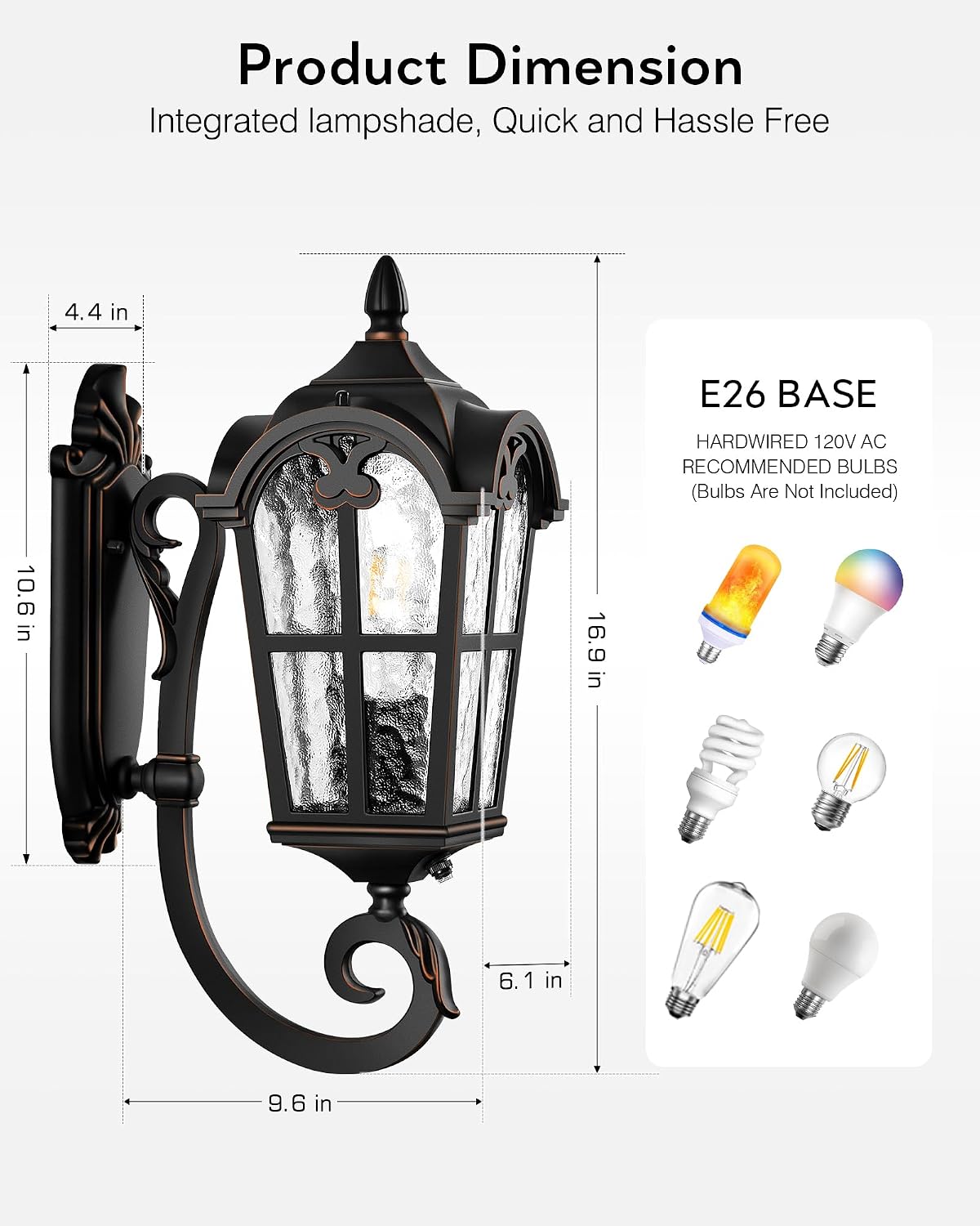 VIANIS Outdoor Lights for Porch, Black Dusk to Dawn Outside Lighting with Gold Trim, Porch Lights Outdoor with Tempered Water Ripple Glass for Garden, Patio, Entryway, Waterproof Anti-Rust