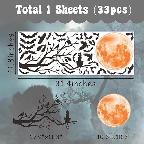 Vista 5 de Halloween Moon Wall Sticker Black Bat Wall Stickers Vinyl Crow Bird Tree Branch Wall Decals Removable Halloween Moon Bat Wall Decals Bats Window