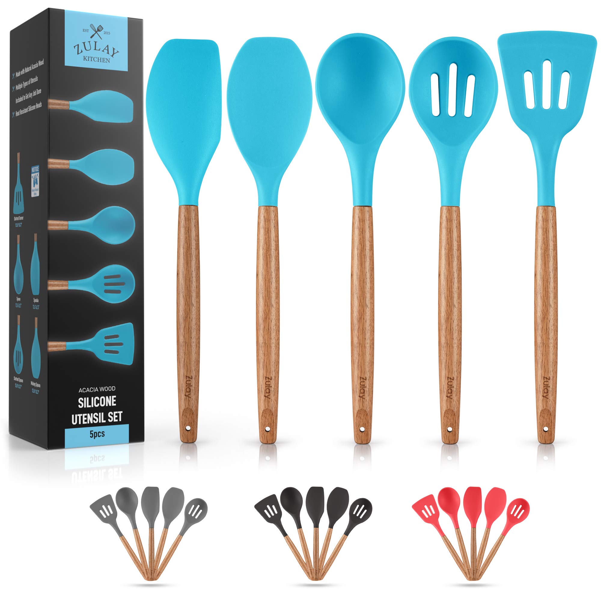 Premium 5 Piece Silicone Utensils Set with Authentic Acacia Hardwood Handles, All Purpose Silicone Spatulas Kitchen Set, W...