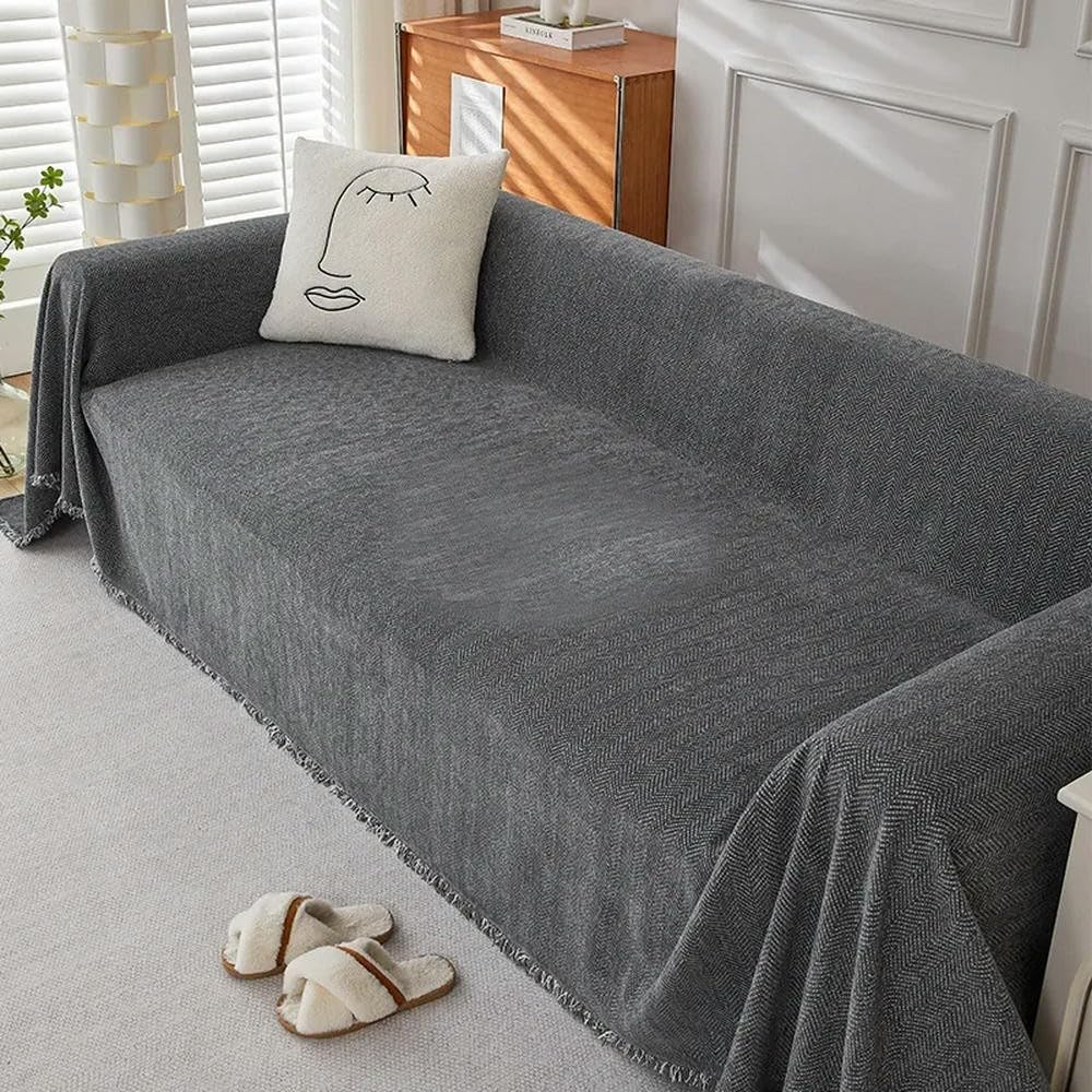VIXDA Couch Cover Chenille Sofa Covers with Elegant Fringe Herringbone Texture Heavyweight Cozy Blanket for Couch Bed Decor