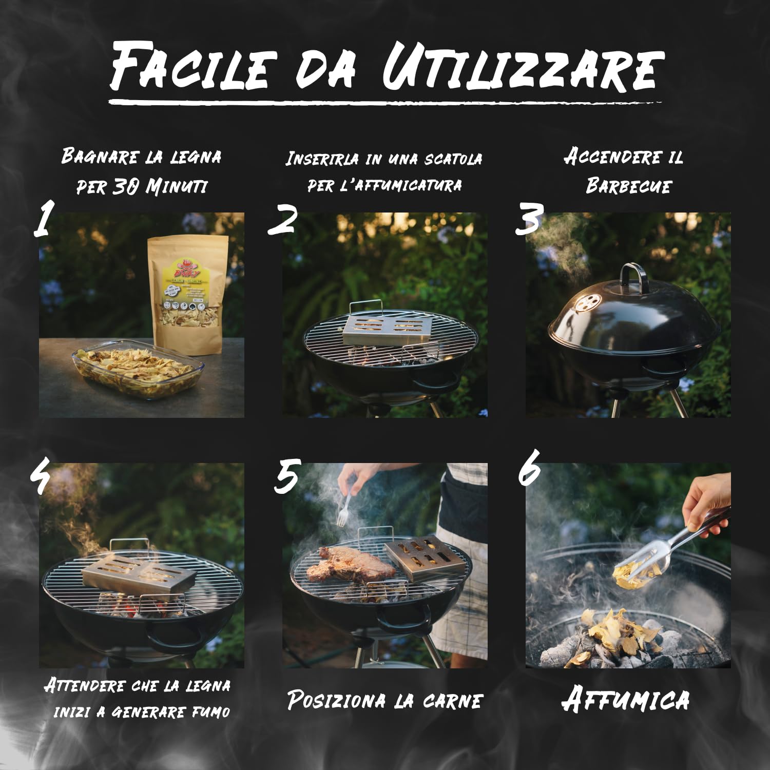 BWAY Chips Affumicatura - Legna per Barbecue per Affumicatura di Maiale, Pesce, Frutta e Verdura - Legno per Affumicatura al Gusto Olivo, Arancio, Mandorlo, Limone, Noci e Quercia (6x1L)