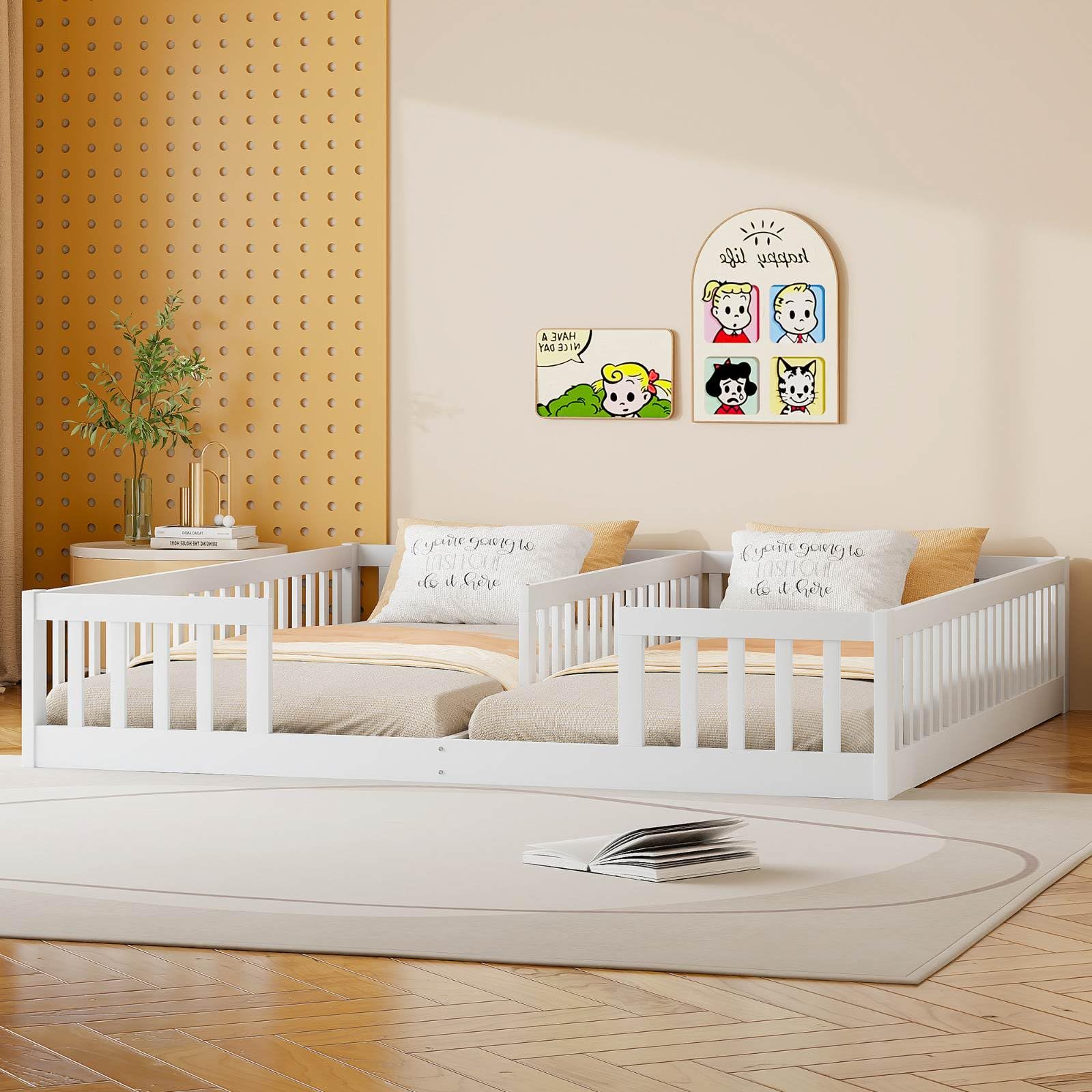 KOMHTOM Cabane Lit d'enfant 2 en 1 90x200CM avec Clôture de Sécurité et Sommier à Lattes en Bois (Blanc)