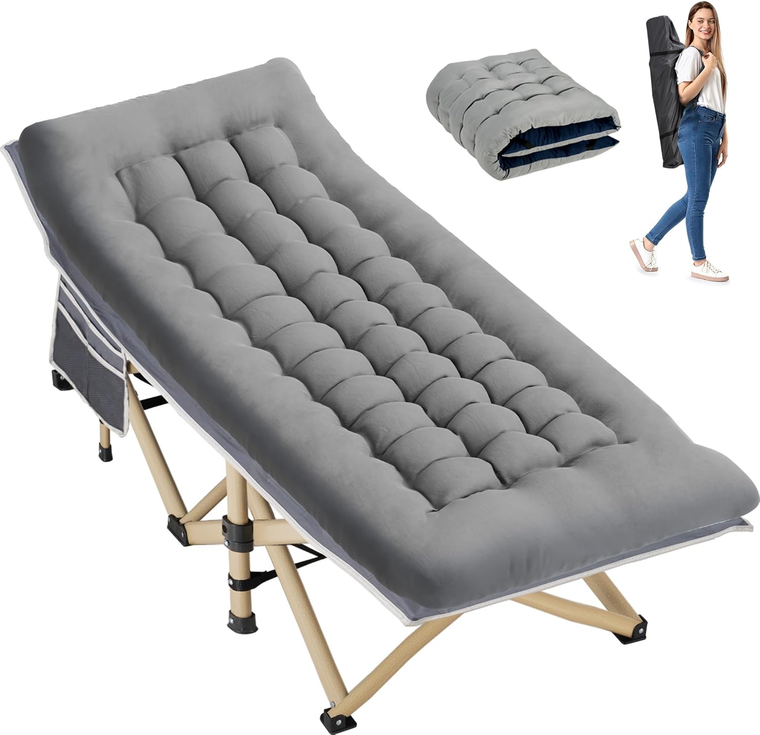 Folding Camping Cot for Sleeping, Portable Cots for Adults, Heavy Duty Cot Bed 550LBS(Max Load), Extra Wider Cots with Large Pocket for Outdoor, Office, Beach