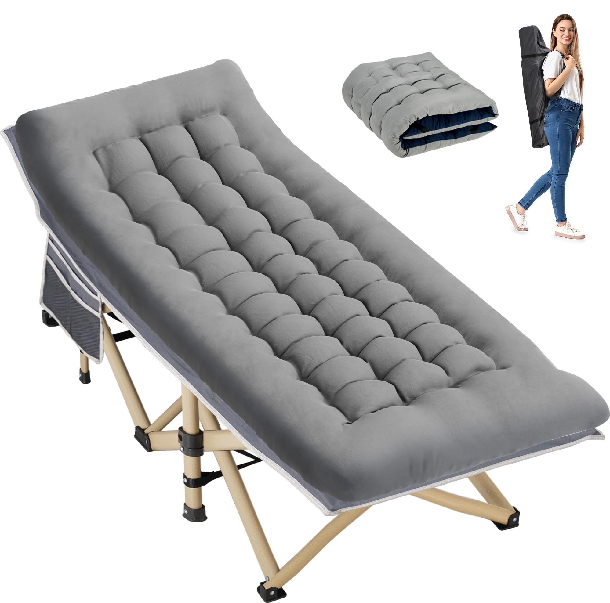 Candockway Folding Camping Cot for Sleeping, Portable Cots for Adults, Heavy Duty Cot Bed 550LBS(Max Load), Extra Wider Cots with Large Pocket for