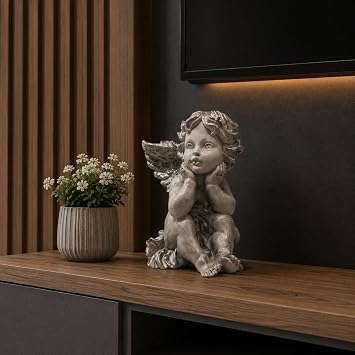 Dekoratif Düşünen Melek Figürü - 22 cm El Yapımı Taş Döküm Melek Heykeli - Ev ve Dekorasyon Hediyelik Eşya Bronz/Eskitme/Beyaz (Gümüş Rengi)