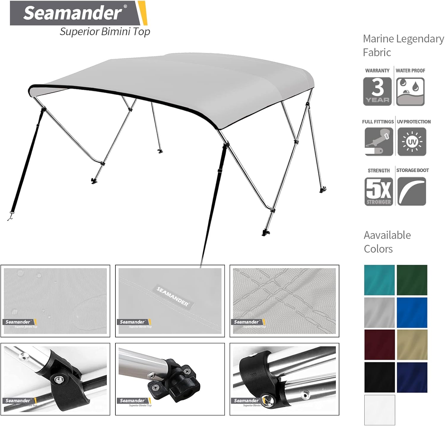 Seamander Bimini Top for Boats,3-4 Bow 13 Different Size 10 Optional Colors Available,Includes Bimini Top Hardwares and Storage Boot Cover,1" Aluminum Frame