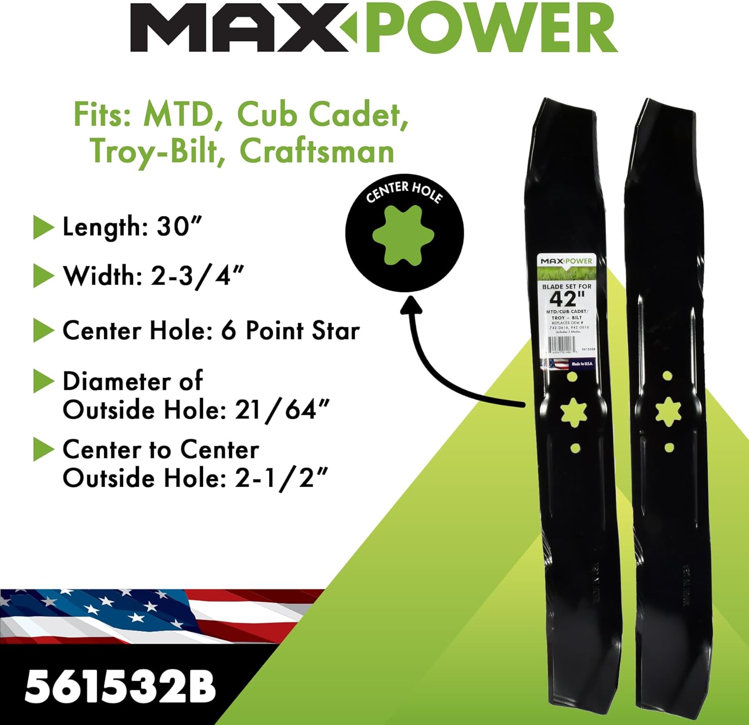 Maxpower 561532B 2-Blade Mulching Set for 42-Inch Cut MTD/Cub Cadet/Troy-Bilt, 742-0616A and Many Others, Replaces OEM #'s 742-04126, 742-0616, 942-0616
