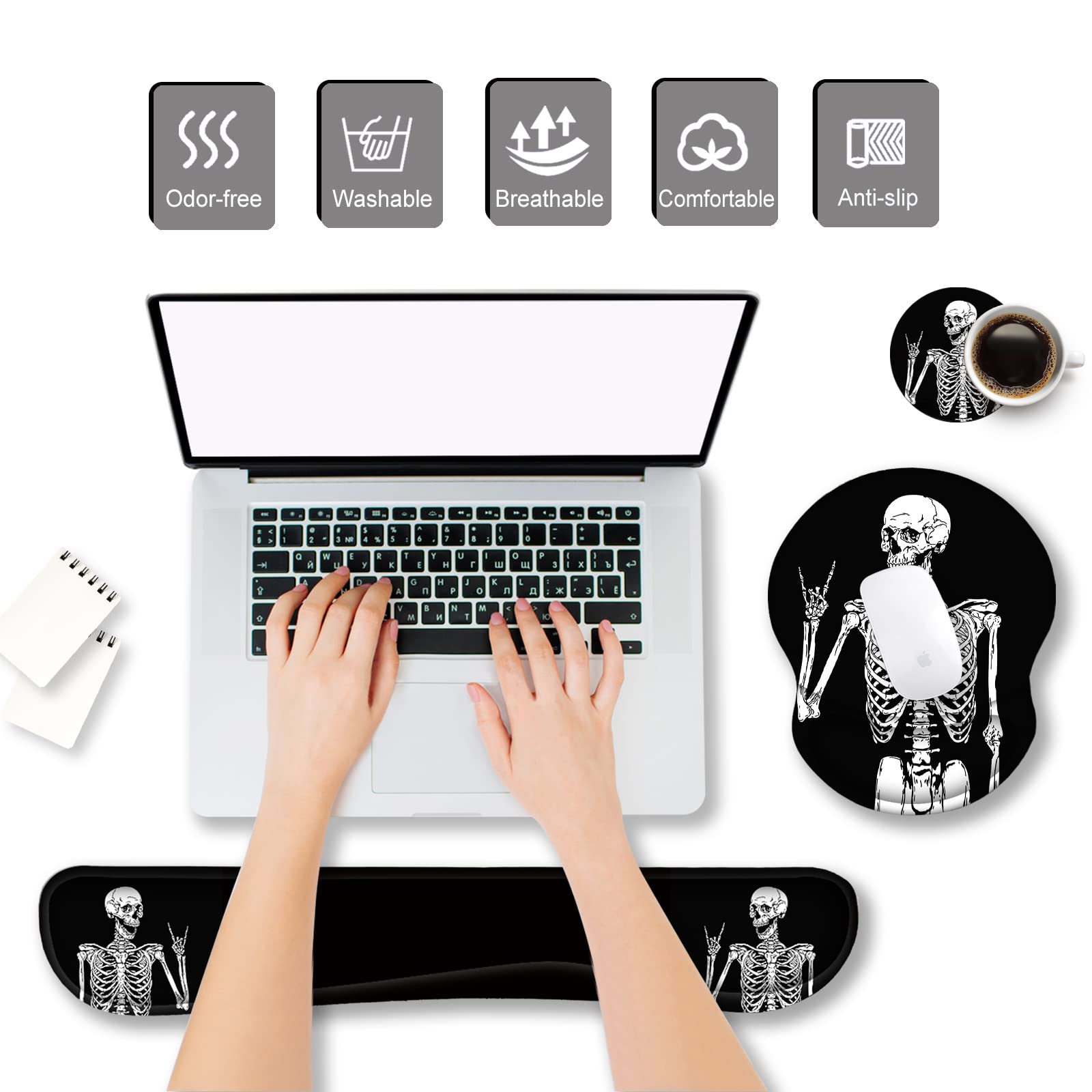 ArtSo Podkładka pod mysz klawiatura podkładka pod nadgarstek wsparcie ergonomiczna, ulepszona poduszka podkładka pod mysz żelowa pianka zapamiętująca kształt antypoślizgowa gumowa podstawa ulga w bólu i łatwe pisanie do domu, biura, ludzki szkielet czarna