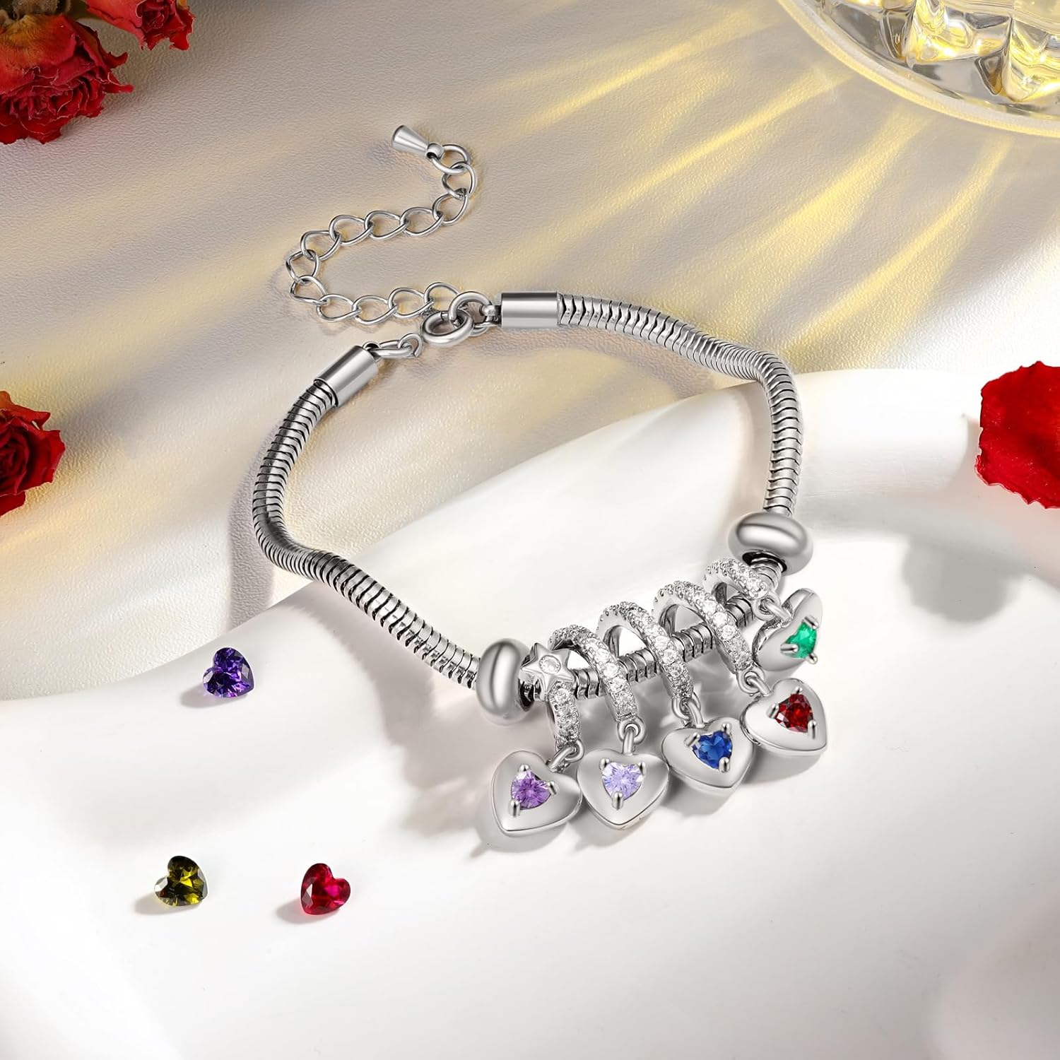 Jeweidea Personalized Birthstone Bracelet with Heart Charms – Custom Name Engraved Jewelry Gift for Mom, Grandma, Wife