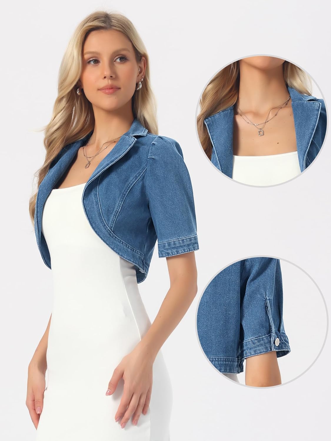 Allegra K Cropped Denim Jacket for Women Casual Short Puff Sleeve Lapel Open Front Jean Jackets Summer Outwear