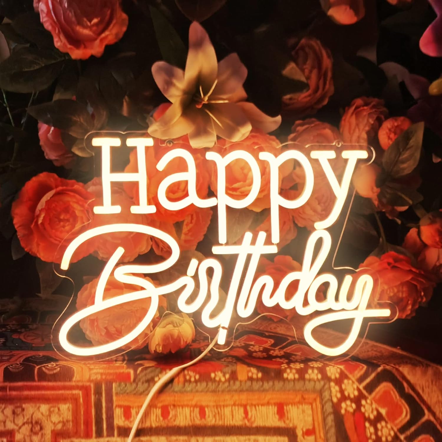 Happy Birthday Warm White LED Neon Sign for Wall Decoration Party Bedroom Room Bar Wedding Home Birthday Art Decoration Christmas Gift with USB Chain Light Modulator 5v 16.5"*10"