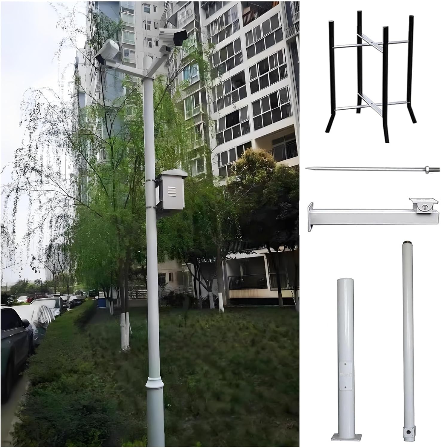 10-20 FT Adjustable Security Camera Pole, Segmented Surveillance Stand with Screws & Ground Cage, Compatible for PTZ/CCTV Cameras, 3 Sections - 19.7 ft (6m)