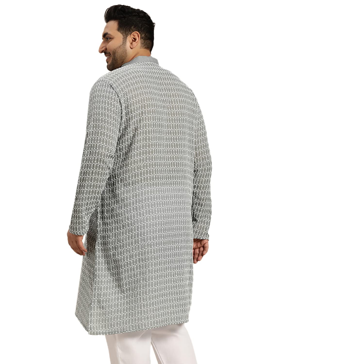 Sojanya Plus (Since 1958) Men's Pure Cotton Grey Kurta With White Embroidery