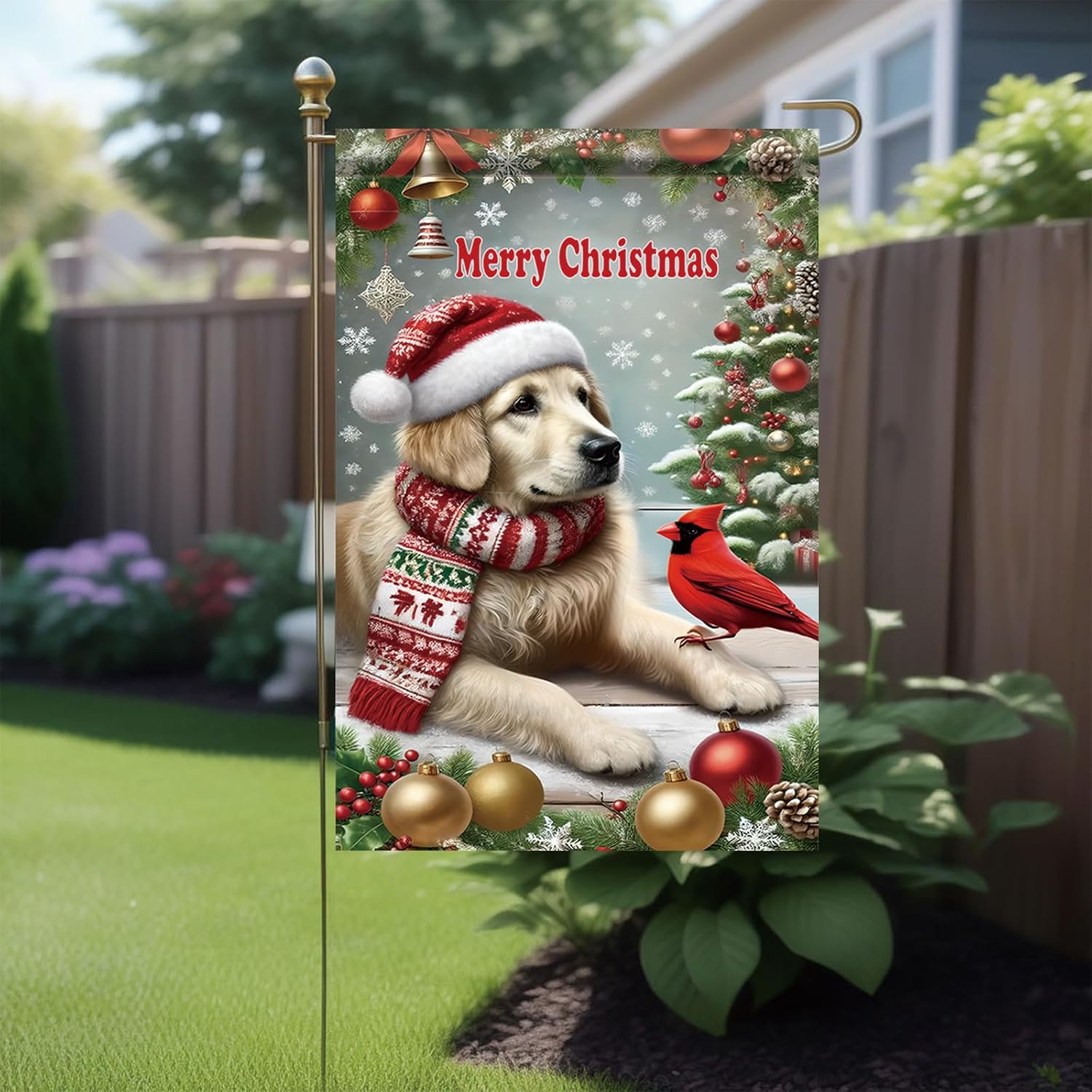Golden Retriever Christmas Garden Flag 12x18 Inch Double Sided Outdoor Yard Decoration Winter Dog Santa Hat Red Cardinal Festive Holiday Decor image 4