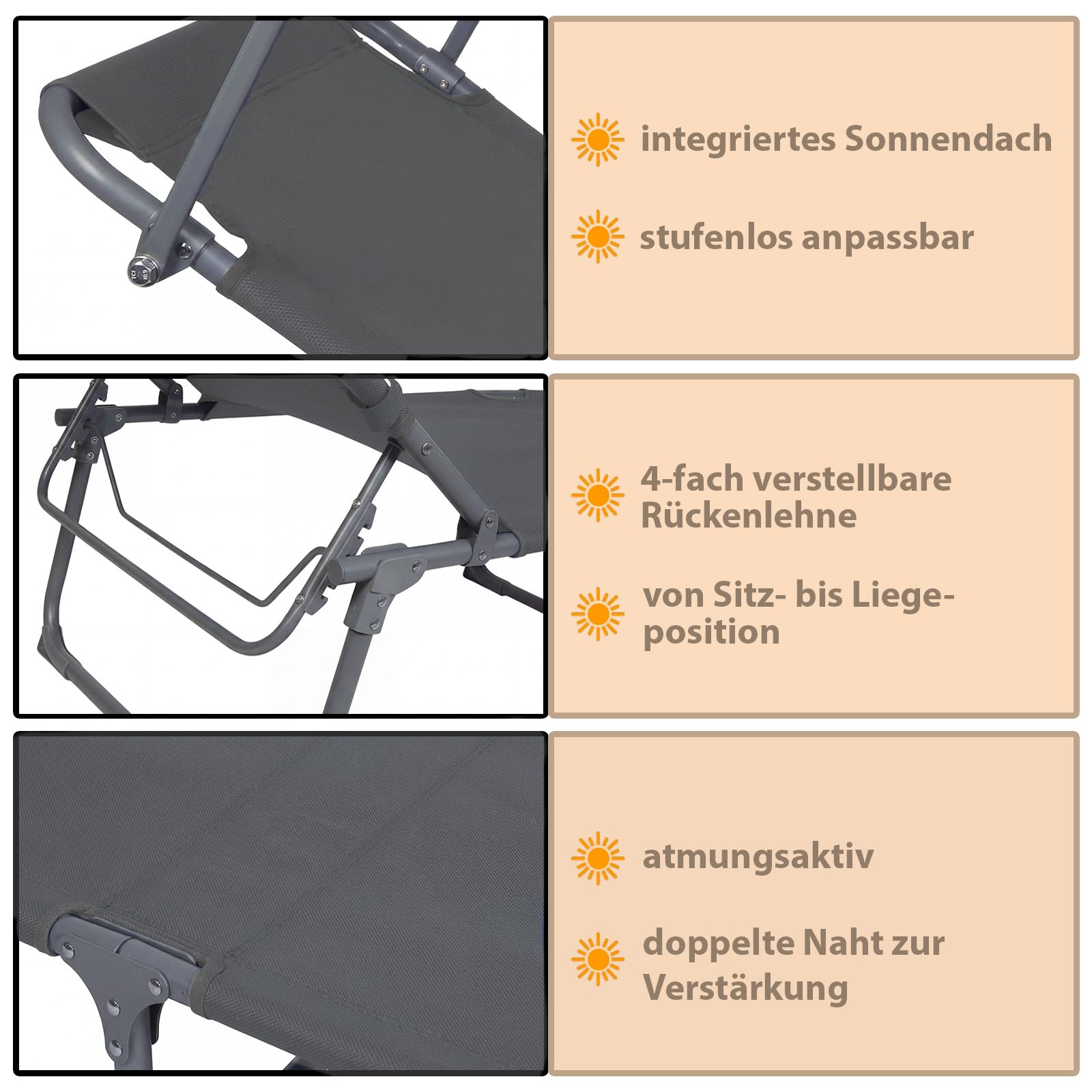 Montafox Sonnenliege klappbar 195 x 60 x 34 cm tragbarer Liegestuhl bis 150 kg mit Sonnendach Verstellbarer Rückenlehne für Garten Pool Terrasse Strand, Farbe:grau