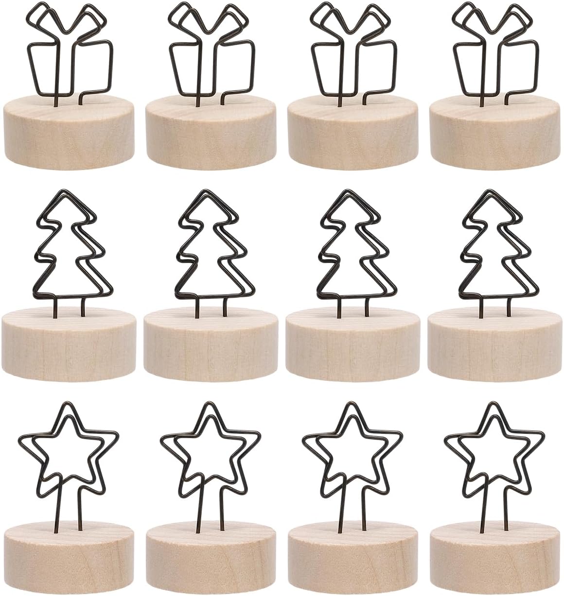 eZAKKA 12 Pcs Wood Place Card Holders with Swirl Wire - Table Number Holders for Wedding Party, Rustic Food Labels for Party Buffet, Small Photo Stand & Table Sign Holder for Desktop
