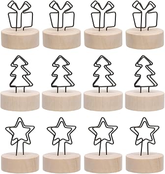 eZAKKA 12 Pcs Wood Place Card Holders with Swirl Wire - Table Number Holders for Wedding Party, Rustic Food Labels for Party Buffet, Small Photo Stand & Table Sign Holder for Desktop