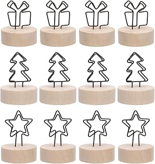 eZAKKA 12 Pack Christmas Wooden Base Place Card Holders, Rustic Holiday Table Number Holder with Metal Star & Tree Clip, Photo Memo Note Holders for Xmas Party, Wedding, Home & Office Bar Decor