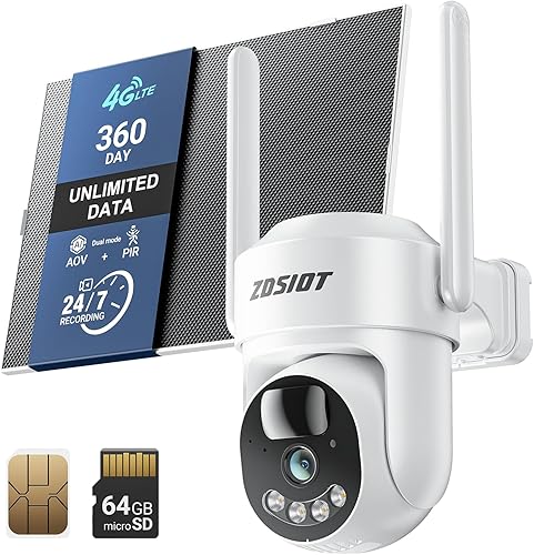 4G LTE Solar Panel Cameras Wireless Outdoor, No WiFi Cellular Security Camera, 4MP HD Anti-Fog lens,AOV+PIR Duo-Mode,24/7 Recording, 360°Pan Tilt,AI Tracking,with 64GB SD and 360-Day unlimited data