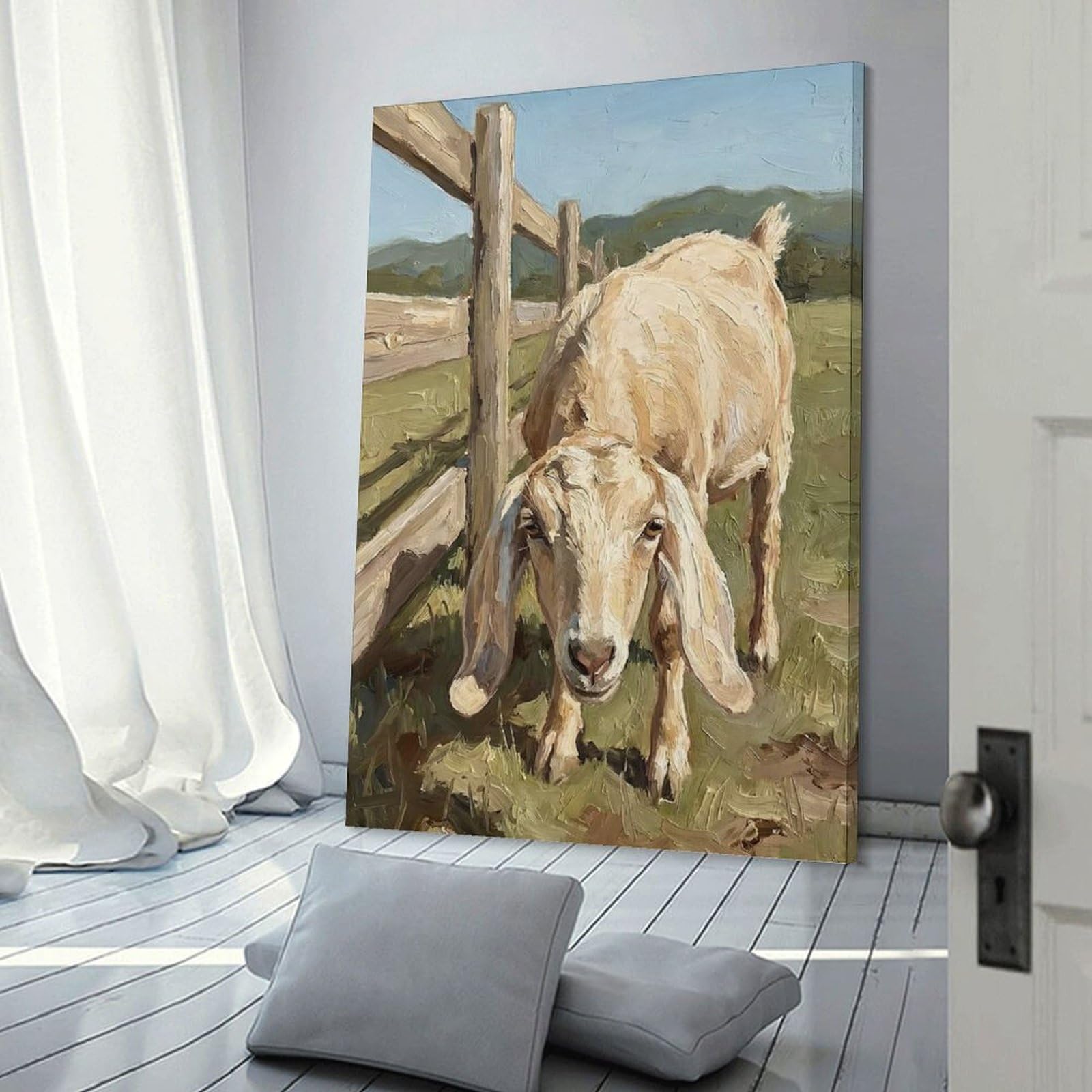 Junmoney Goat by A Wooden Fence Home Decor Wall Art, 24x36inch(60x90cm), for Apartments, Flats Or New Home Decor, An Easy Choice for New Home Styling