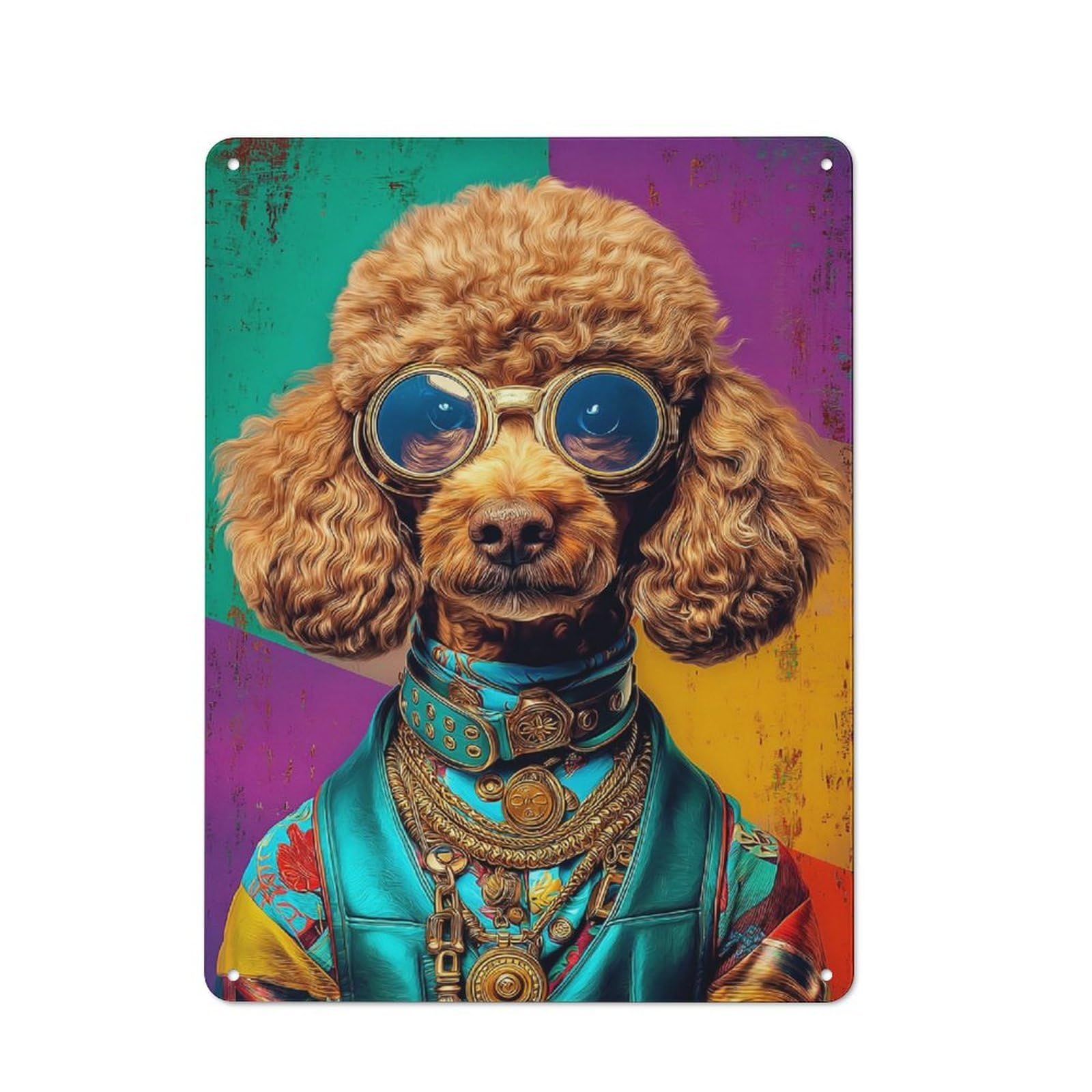 Junmoney Stylish Poodle In Goggles And Jewelry Vintage Tin Wall Plaque 40X30cm For Studio Or Craft Room, For Garage, Workshop And Man Cave Decoration