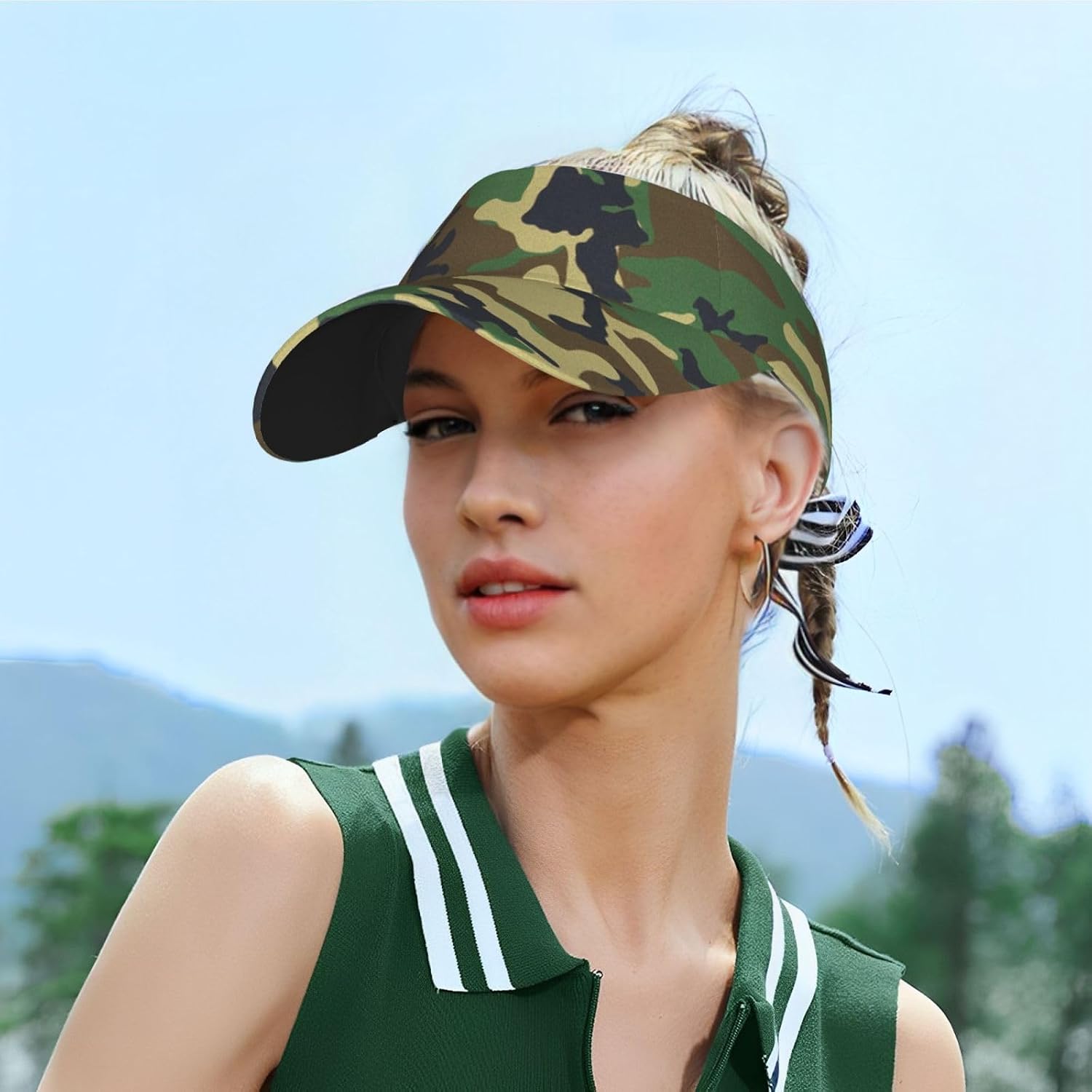 Green Military Camo Print Sports Sun Visor Hats,Adjustable Sun Caps for Men Women Adults Lightweight