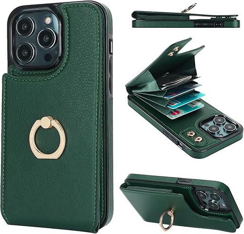 Folosu Funda compatible con iPhone 14 Pro Max con soporte para tarjetas, rotación de 360, soporte de anillo de dedo con función atril, bloqueo RFID,