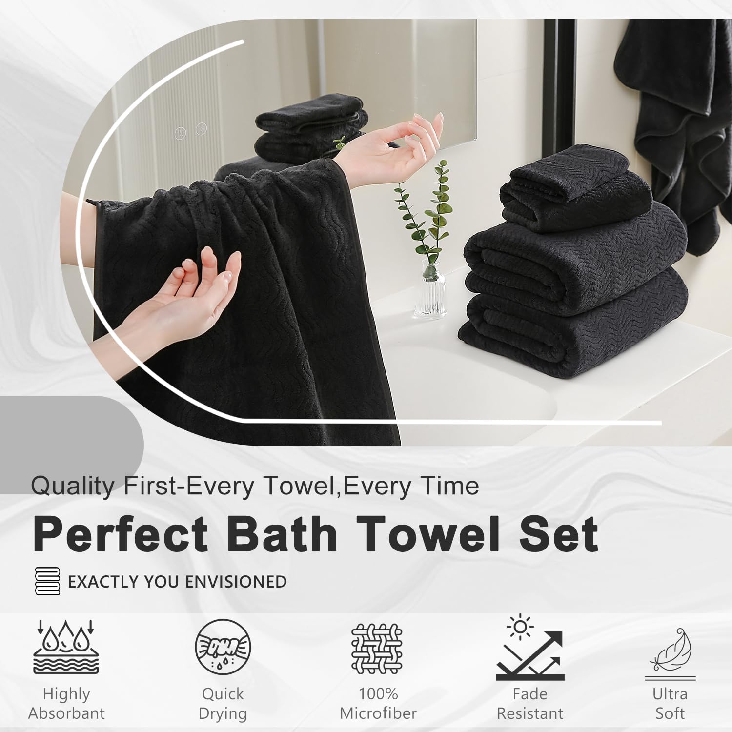 8 Piece Bath Towel Set Black|2 Oversized Large Bath Sheet,2 Hand Towels,4 Washcloths| Ultra Soft Cozy Bath Towel Set for Bathroom Hotel Gym Spa,Highly Absorbent & Quick Dry Bathroom Towel Collections