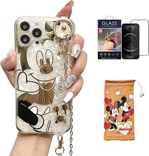 Funda de dibujos animados para iPhone 15 Pro Max de 6.7 pulgadas con protector de pantalla HD, Mickey Mouse con correa para la muñeca, correa de