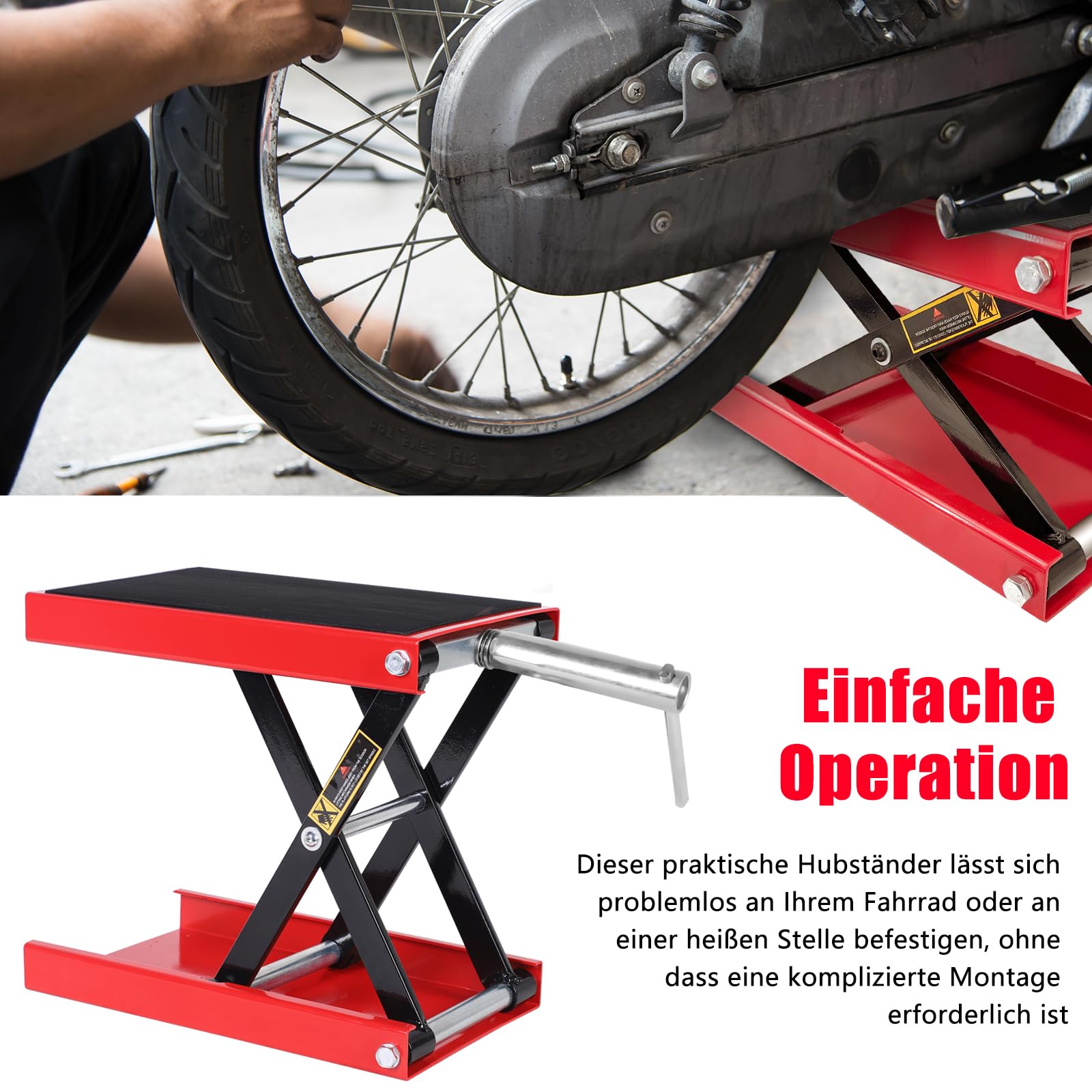 Motorradheber, höhenverstellbarer 4-15 Zoll Hebescheren-Mittelständer, Fahrradreparatur-Scherenheber mit Einer Kapazität von 1100 lb für die Motorradwartung,roter