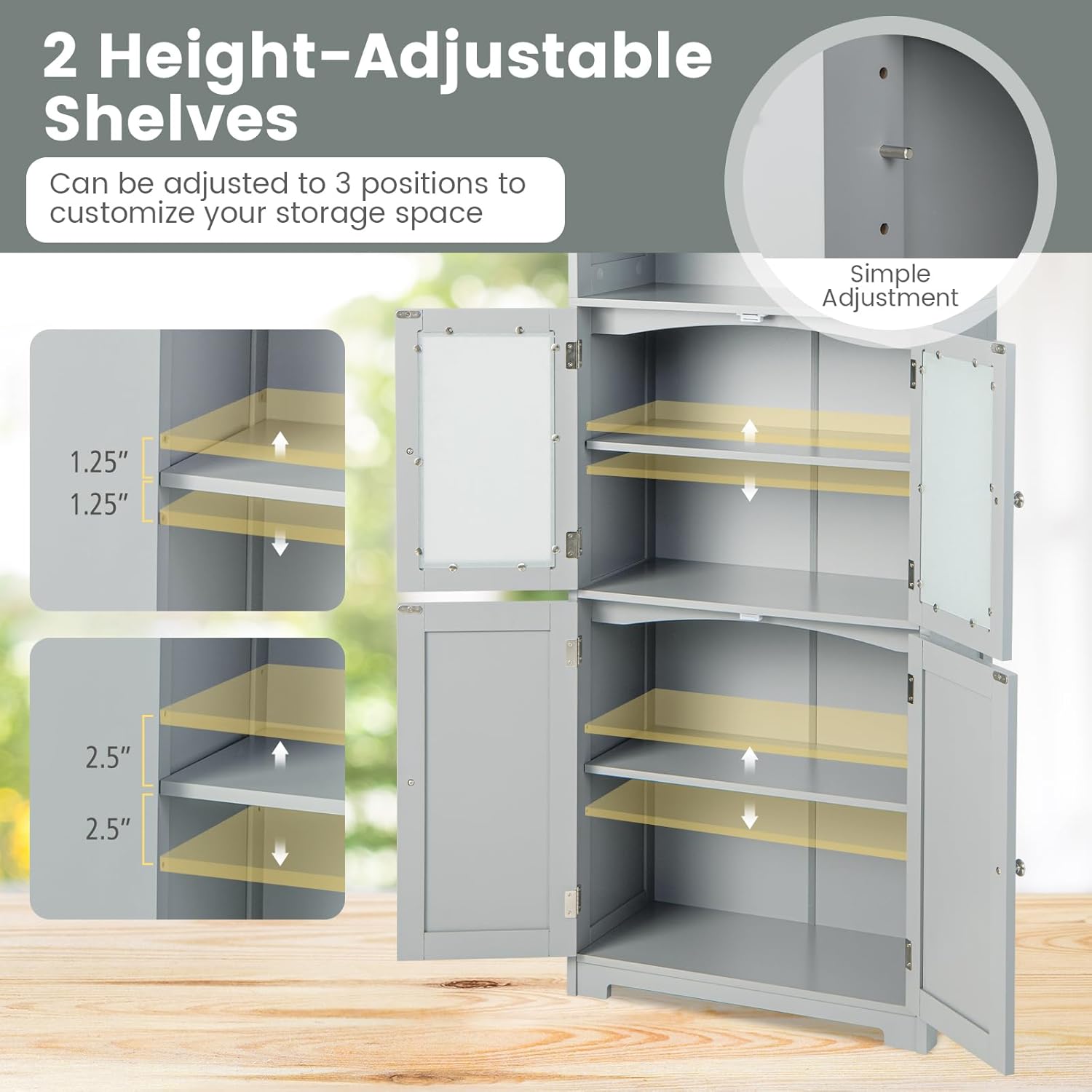 Diagram showing the 2 height-adjustable shelves inside the cabinet, with measurements for adjustment levels.