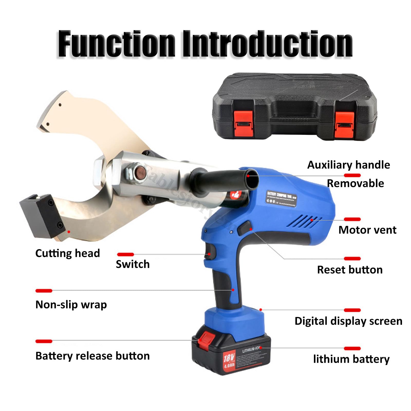 Tagliacavi idraulico senza fili, strumento elettrico per tagliare cavi con display a LED e 2 batterie, alimentato a batteria da 18 V per cavi in alluminio rame da 85-120 mm, 4,0 Ah