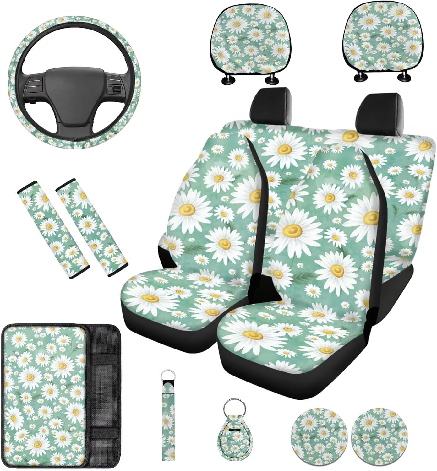 White Daisy Car Seat Covers Full Set Set 14 Pcs with Car Headrest Covers Cars Steering Wheel Cover Auto Seat Belt Cover Wristlet Keychain for Cars Sedans and SUVs