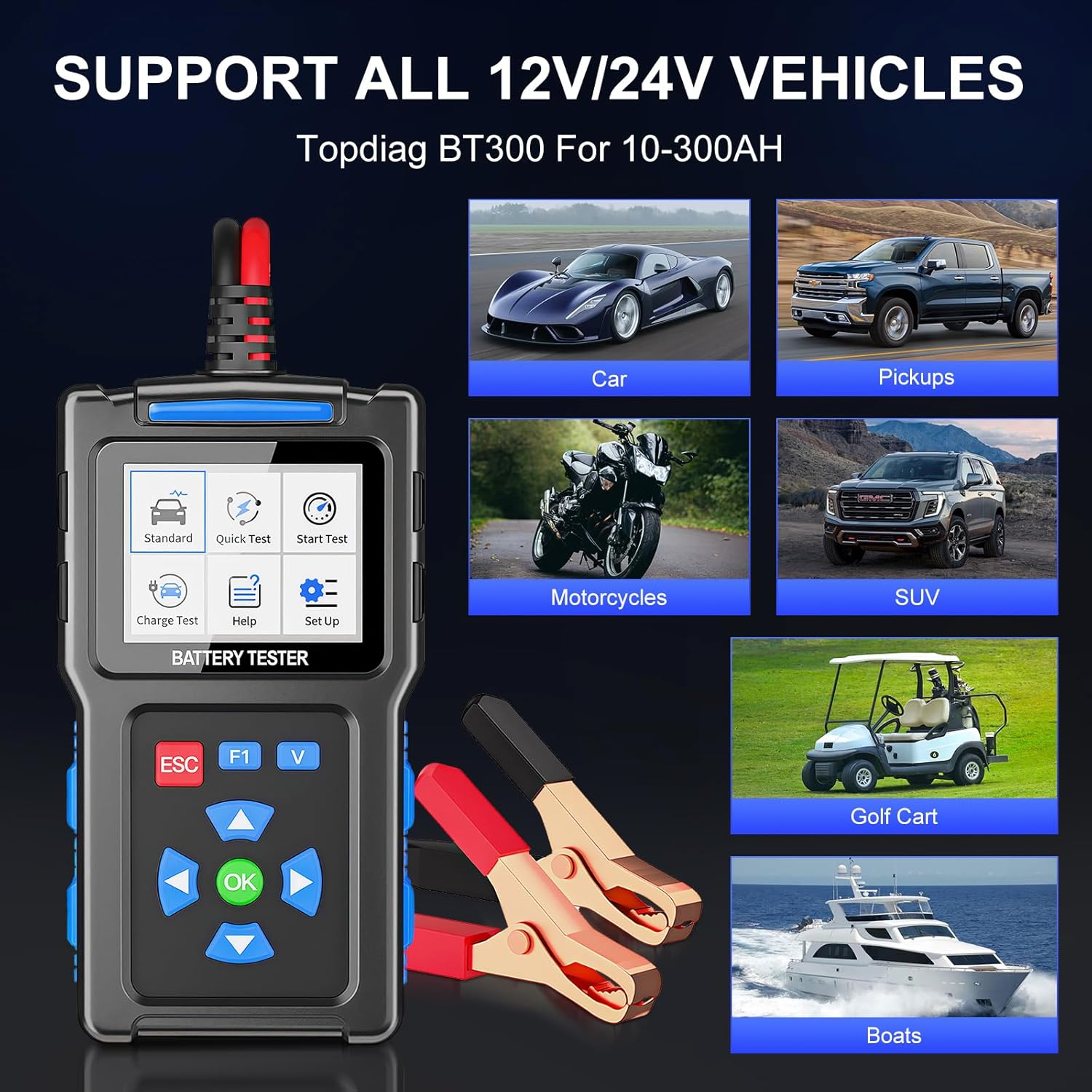 Collage of different vehicle types (car, pickup, motorcycle, SUV, golf cart, boat) indicating broad compatibility for the Topdiag BT300.