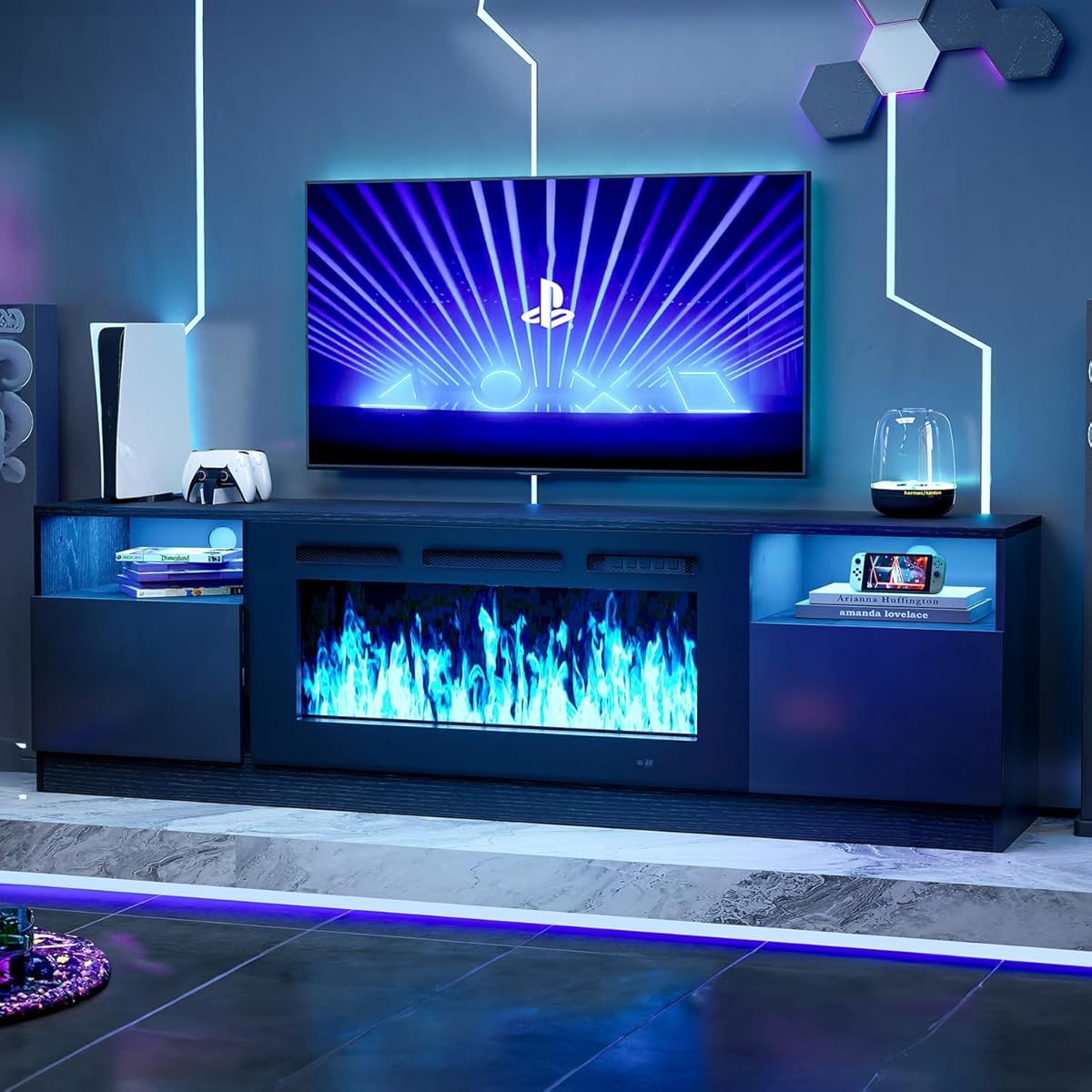 Fireplace TV Stand with 36'' Electric Fireplace Up to 90" TVs, LED Light Entertainment Center, Modern Wood Texture Entertainment Stand with Highlight Storage Cabinet (80 inches, Black)