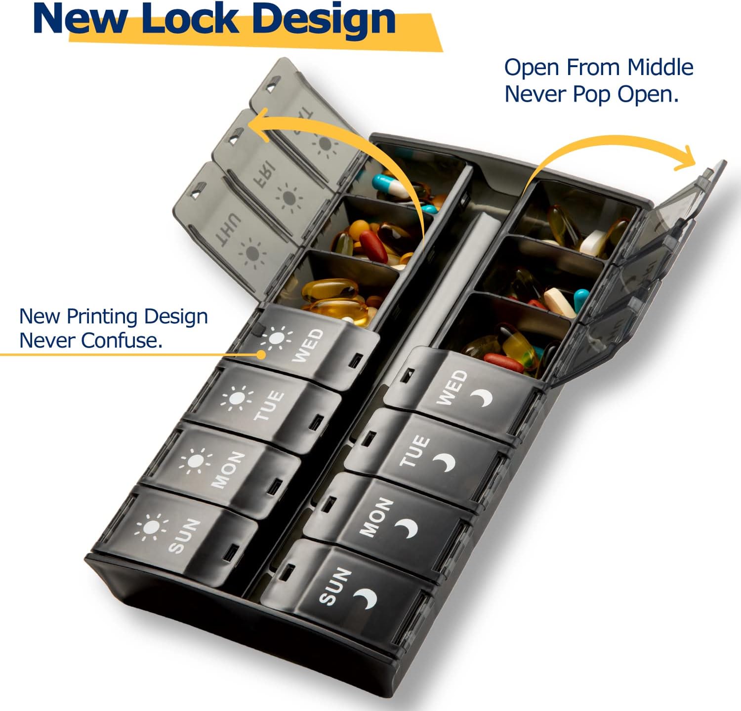 Xl Large Pill Organizer 7 Day, Weekly Medicine Pill Box 2 Times a Day，Am Pm Pill Case Organizer 14 Compartments with Hinged Lids Design，Daily Vitamin Box Pill Dispenser For Fish Oil/Supplements(Black) : Health & Household