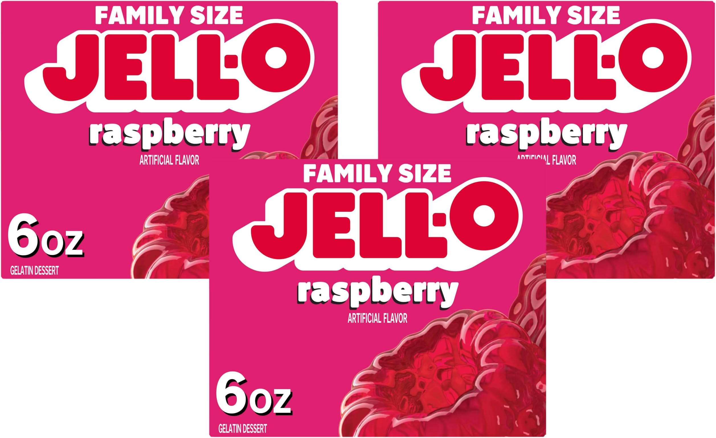 Jell-O Raspberry Gelatin Dessert Mix, Family Size Box, 6 oz (Pack of 3)
