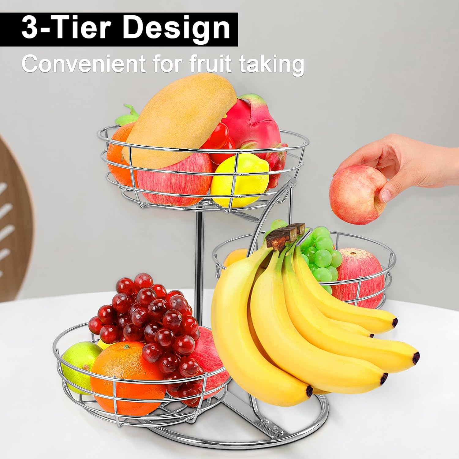 Livabber Fruit Basket Bowl with Banana Hanger, Fruit Vegetable Storage Basket with Banana Tree Holder for Kitchen Counter, Detachable Organizer for Bread Snack Produce (Chrome, 3-Tier Metal Base) - Image 6