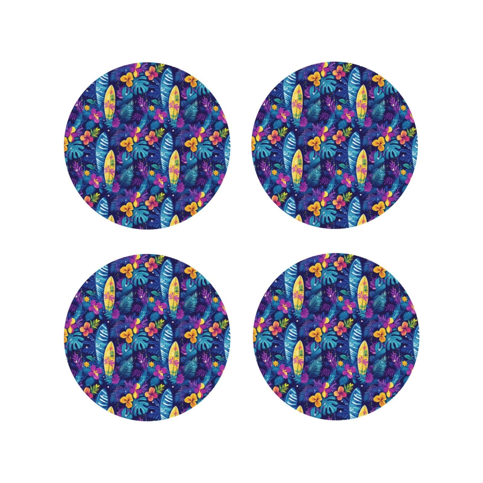Leather Coasters Set of 4 - Hawaiian Colorful Plant Print Lightweight Drink Coasters for Desk