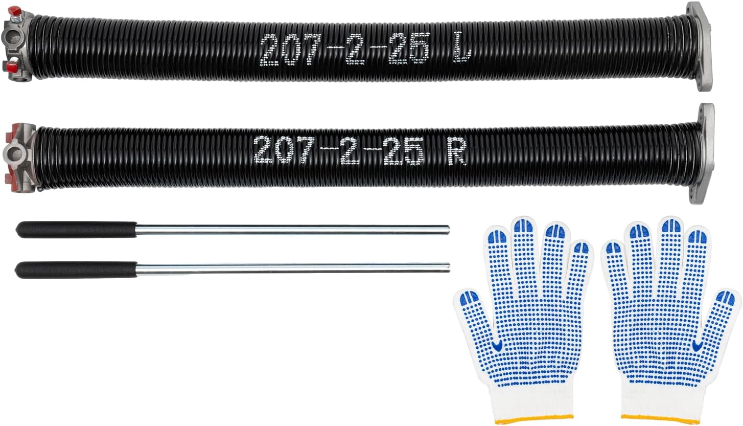Garage Door Torsion Springs, Pair of 2" Electrophoretic Coated Door Springs Garage Door Torsion Springs Set with Non-Slip Winding Bar & Gloves for Replacement & Installation (0.207''x2''x25')