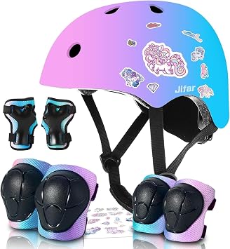 Iridescent Pearl Sticker Adjustable Kids Toddler Bike Helmet and Knee Pad for Kid 3-5-8-14 Boys Girls.Skateboard Helmet with Knee Pad Elbow Pad for Cycling Scooter Roller Inline Skating CPSC Certified